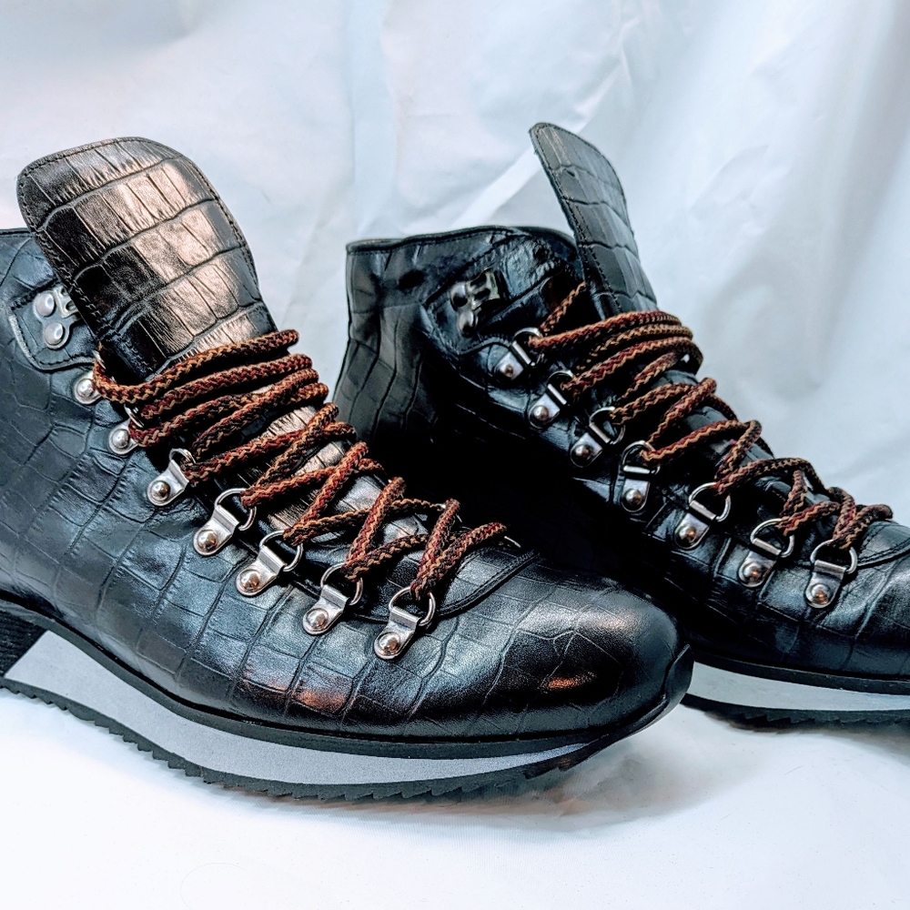 PRADA NEW Men's Black Crocodile Pattern Hiking Boots, Size‎ 43